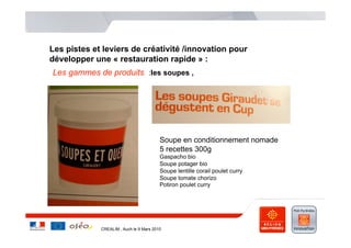 Les pistes et leviers de créativité /innovation pour
développer une « restauration rapide » :
Les gammes de produits :les soupes ,




                                         Soupe en conditionnement nomade
                                         5 recettes 300g
                                         Gaspacho bio
                                         Soupe potager bio
                                         Soupe lentille corail poulet curry
                                         Soupe tomate chorizo
                                         Potiron poulet curry




             CREALIM , Auch le 9 Mars 2010
 