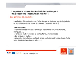 Les pistes et leviers de créativité /innovation pour
     développer une « restauration rapide » :
    Les gammes de produits :

       Les fruits : Diversification de l’offre dessert et boisson jus de fruits frais
       et smoothies -> autre forme à proposer ,gamme à élargir ?

        Les desserts :
       o  Texturation des fruit pour enrobage (texturants naturels : banane,
       mangues…),
       o Flans aux fruits, bavarois (à réchauffer au micro ondes).
       o  La fondue de fruits…
       o Nouvelles formulations pates à tartes ,inclusions céréales ,fibres, fruits
       secs ,ingrédients colorants ,etc ……)


…


                    CREALIM , Auch le 9 Mars 2010
 