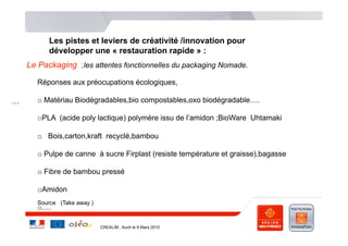 Les pistes et leviers de créativité /innovation pour
          développer une « restauration rapide » :
    Le Packaging ;les attentes fonctionnelles du packaging Nomade.

      Réponses aux préocupations écologiques,

…     o  Matériau Biodégradables,bio compostables,oxo biodégradable….

      o PLA (acide poly lactique) polymère issu de l’amidon ;BioWare Uhtamaki

      o  Bois,carton,kraft recyclé,bambou

      o  Pulpe de canne à sucre Firplast (resiste température et graisse),bagasse

      o  Fibre de bambou pressé

      o Amidon
      Source (Take away )
      o ….

                            CREALIM , Auch le 9 Mars 2010
 