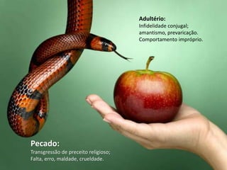 Pecado:
Transgressão de preceito religioso;
Falta, erro, maldade, crueldade.
Adultério:
Infidelidade conjugal;
amantismo, prevaricação.
Comportamento impróprio.