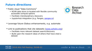 Shortened presentation title
Shortened presentation title
2018 AGU Fall Meeting: IN34B-02
• Public cloud “Data Commons”
– NCAR data store co-located with flexible community
accessible compute options
– Facilitate interdisciplinary discovery
– JupyterHub integration (e.g. Pangeo, pangeo.io)
• Leverage future Globus enhancements, e.g. automate
• Link to publications that cite datasets (www.scholix.org)
– Facilitate more relevant dataset search/discovery
– Build upon the research ideas of others that have cited a
dataset
Future directions
14
 