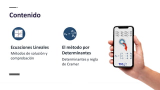 Ecuaciones Lineales
Métodos de solución y
comprobación
El método por
Determinantes
Determinantes y regla
de Cramer
Contenido
.
𝒙 𝒏 =
𝑫 𝒙 𝒏
𝑫 𝑷
 