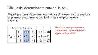 Al igual que con el determinante principal y el de equis uno, se duplican
las primeras dos columnas para facilitar las multiplicaciones en
diagonal.
Efectúa las multiplicaciones y
compara tus resultados con la
siguiente diapositiva.
Cálculo del determinante para equis dos.
+ 3 + 18 + 9
+ 2 + 11 + 5
- 3 + 17 + 6
Determinante para x2
+ 3 + 18
Dx2 = + 2 + 11
- 3 + 17
 