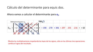 Efectúa las multiplicaciones respetando las leyes de los signos, sólo en las últimas tres operaciones
cambia el signo del resultado.
Cálculo del determinante para equis dos.
Ahora vamos a calcular el determinante para x2.
 