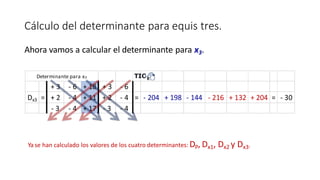 Ya se han calculado los valores de los cuatro determinantes: DP, Dx1, Dx2 y Dx3.
Cálculo del determinante para equis tres.
Ahora vamos a calcular el determinante para x3.
 