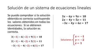 Solución de un sistema de ecuaciones lineales
Se puede comprobar si la solución
obtenida es correcta sustituyendo
los valores obtenidos en todas las
ecuaciones: Si se obtienen
identidades, la solución es
correcta.
𝟑(−𝟏) − 𝟔(−𝟐) + 𝟗(𝟏) = 𝟏𝟖
𝟐(−𝟏) − 𝟒(−𝟐) + 𝟓(𝟏) = 𝟏𝟏
−𝟑(−𝟏) − 𝟒(−𝟐) + 𝟔(𝟏) = 𝟏𝟕
𝟑𝒙 − 𝟔𝒚 + 𝟗𝒛 = 𝟏𝟖
𝟐𝒙 − 𝟒𝒚 + 𝟓𝒛 = 𝟏𝟏
−𝟑𝒙 − 𝟒𝒚 + 𝟔𝒛 = 𝟏𝟕
𝒙 = −𝟏
𝒚 = −𝟐
𝒛 = 𝟏
Soluciones
 