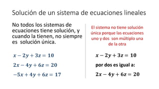 Solución de un sistema de ecuaciones lineales
No todos los sistemas de
ecuaciones tiene solución, y
cuando la tienen, no siempre
es solución única.
El sistema no tiene solución
única porque las ecuaciones
uno y dos son múltiplo una
de la otra
𝒙 − 𝟐𝒚 + 𝟑𝒛 = 𝟏𝟎
por dos es igual a:
𝟐𝒙 − 𝟒𝒚 + 𝟔𝒛 = 𝟐𝟎
𝒙 − 𝟐𝒚 + 𝟑𝒛 = 𝟏𝟎
𝟐𝒙 − 𝟒𝒚 + 𝟔𝒛 = 𝟐𝟎
−𝟓𝒙 + 𝟒𝒚 + 𝟔𝒛 = 𝟏𝟕
 