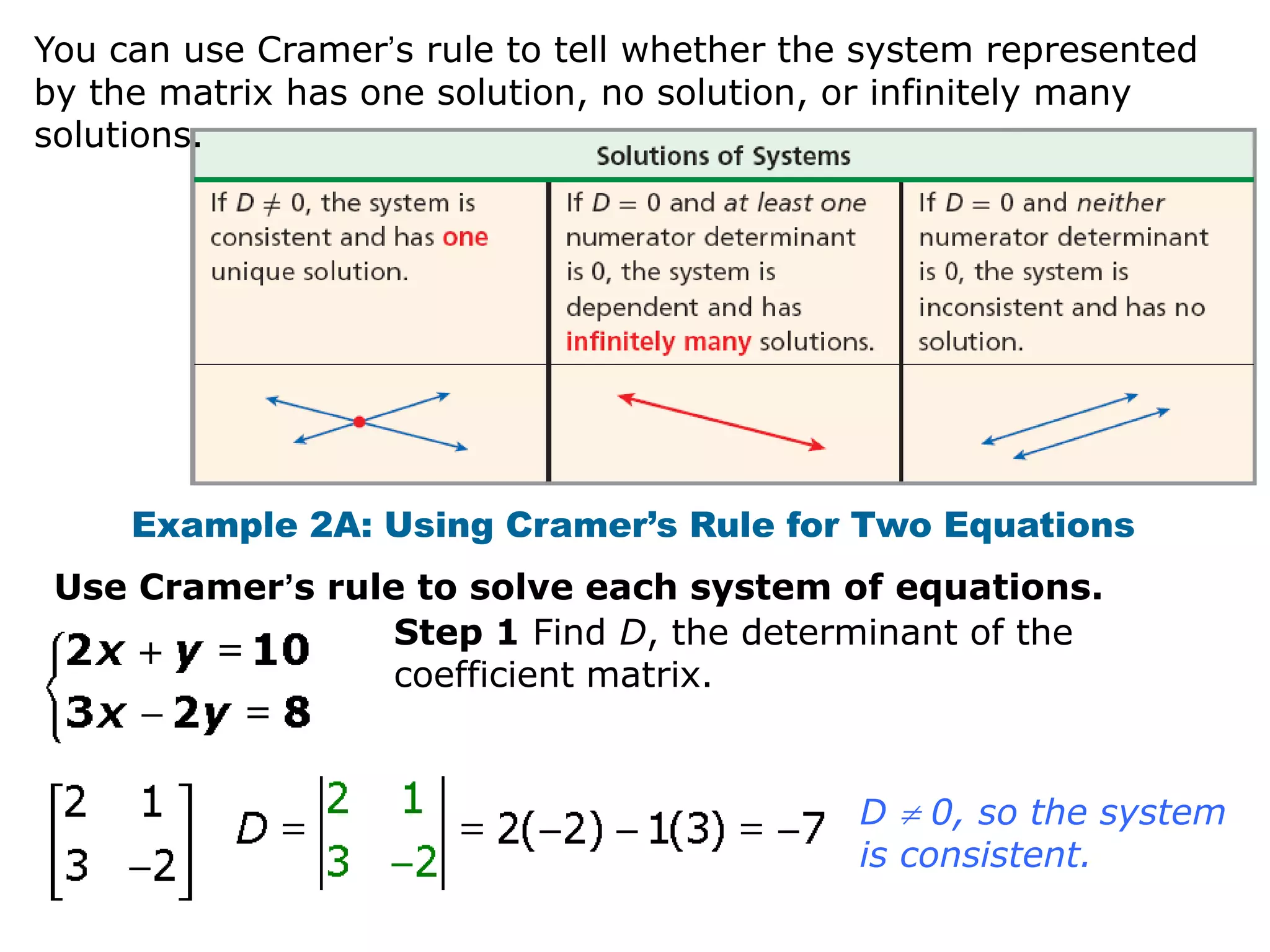 You can use Cramer’s rule to tell whether the system represented
by the matrix has one solution, no solution, or infinitely many
solutions.




     Example 2A: Using Cramer’s Rule for Two Equations
 Use Cramer’s rule to solve each system of equations.
                  Step 1 Find D, the determinant of the
                  coefficient matrix.


                                             D 0, so the system
                                             is consistent.
 
