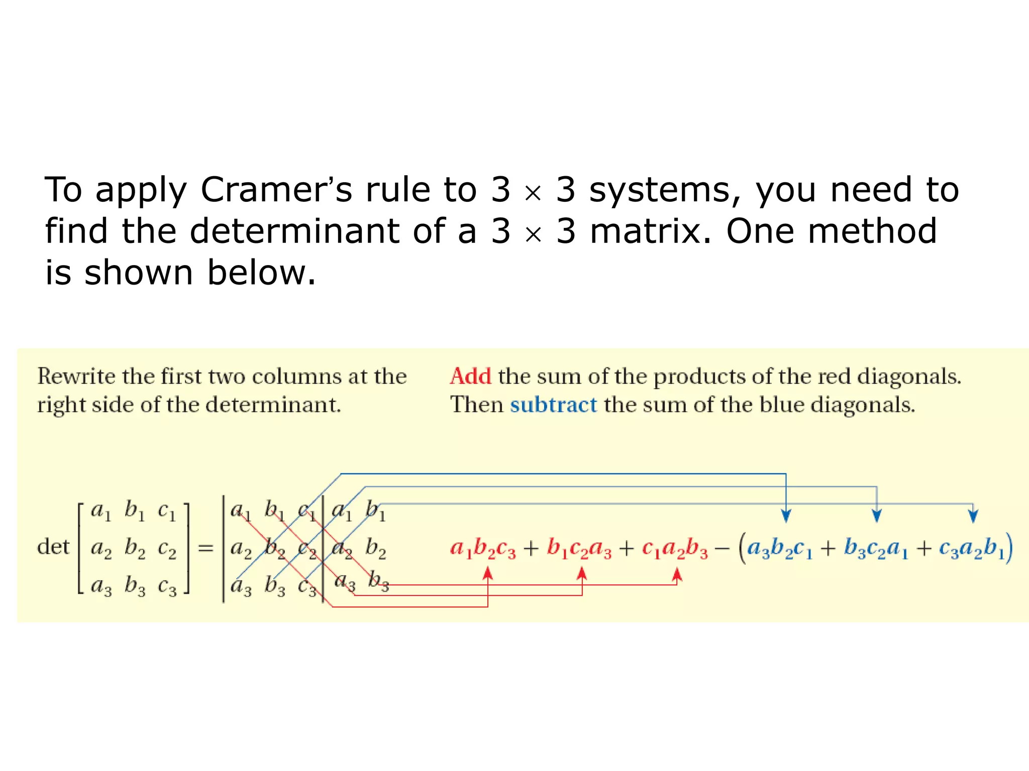 To apply Cramer’s rule to 3   3 systems, you need to
find the determinant of a 3   3 matrix. One method
is shown below.
 