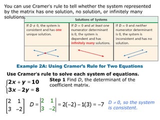 You can use Cramer’s rule to tell whether the system represented
by the matrix has one solution, no solution, or infinitely many
solutions.




     Example 2A: Using Cramer’s Rule for Two Equations
 Use Cramer’s rule to solve each system of equations.
                  Step 1 Find D, the determinant of the
                  coefficient matrix.


                                             D 0, so the system
                                             is consistent.
 