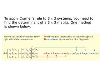To apply Cramer’s rule to 3   3 systems, you need to
find the determinant of a 3   3 matrix. One method
is shown below.
 