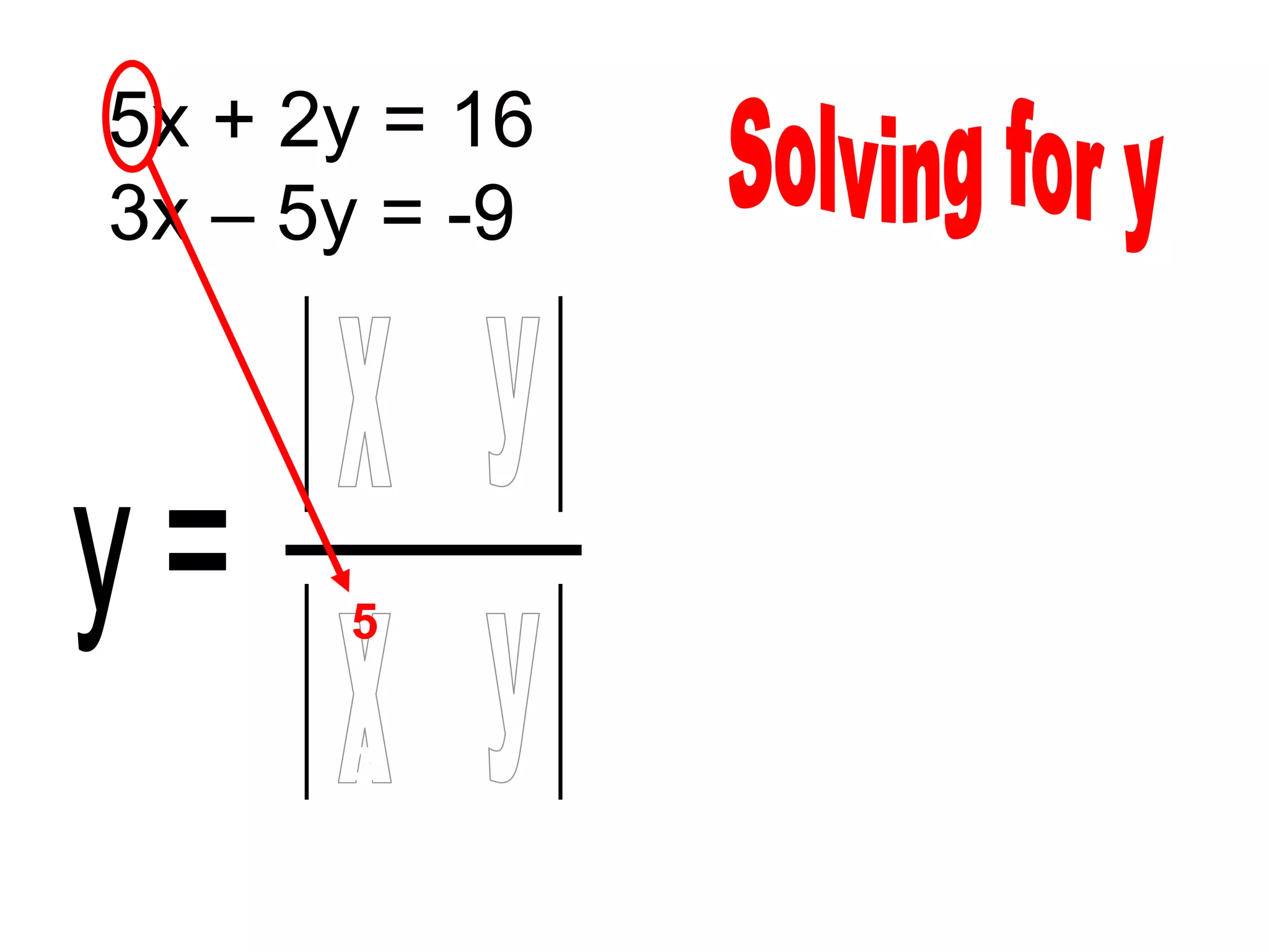 5x + 2y = 16
3x – 5y = -9
      5   16

      3    -9

      5    2

      3    -5
 