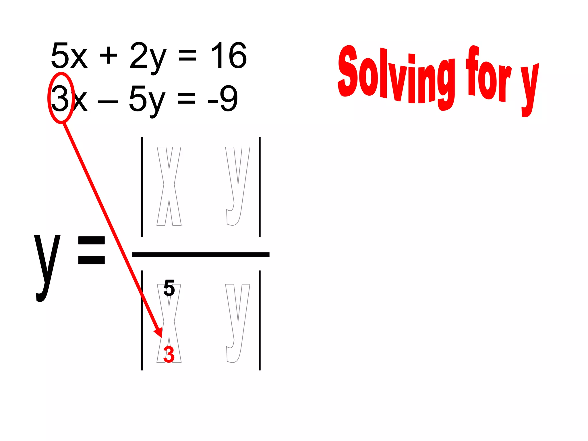 5x + 2y = 16
3x – 5y = -9
      5   16

      3    -9

      5    2

      3    -5
 