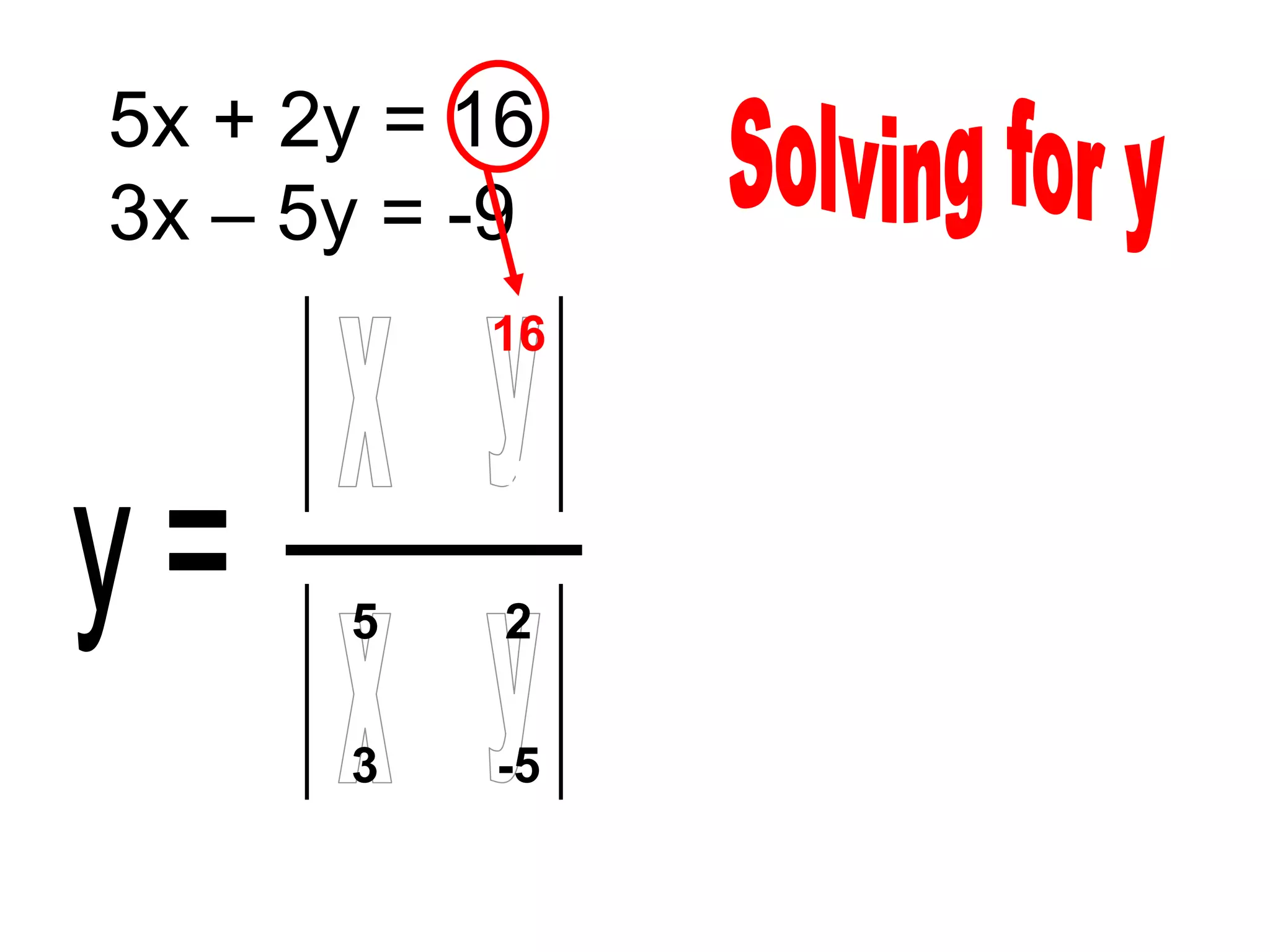 5x + 2y = 16
3x – 5y = -9
      5   16

      3   -9

      5    2

      3   -5
 