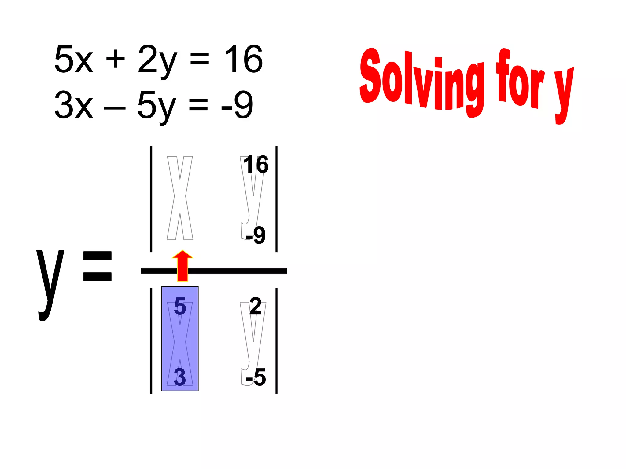 5x + 2y = 16
3x – 5y = -9
          16

          -9

      5    2

      3   -5
 
