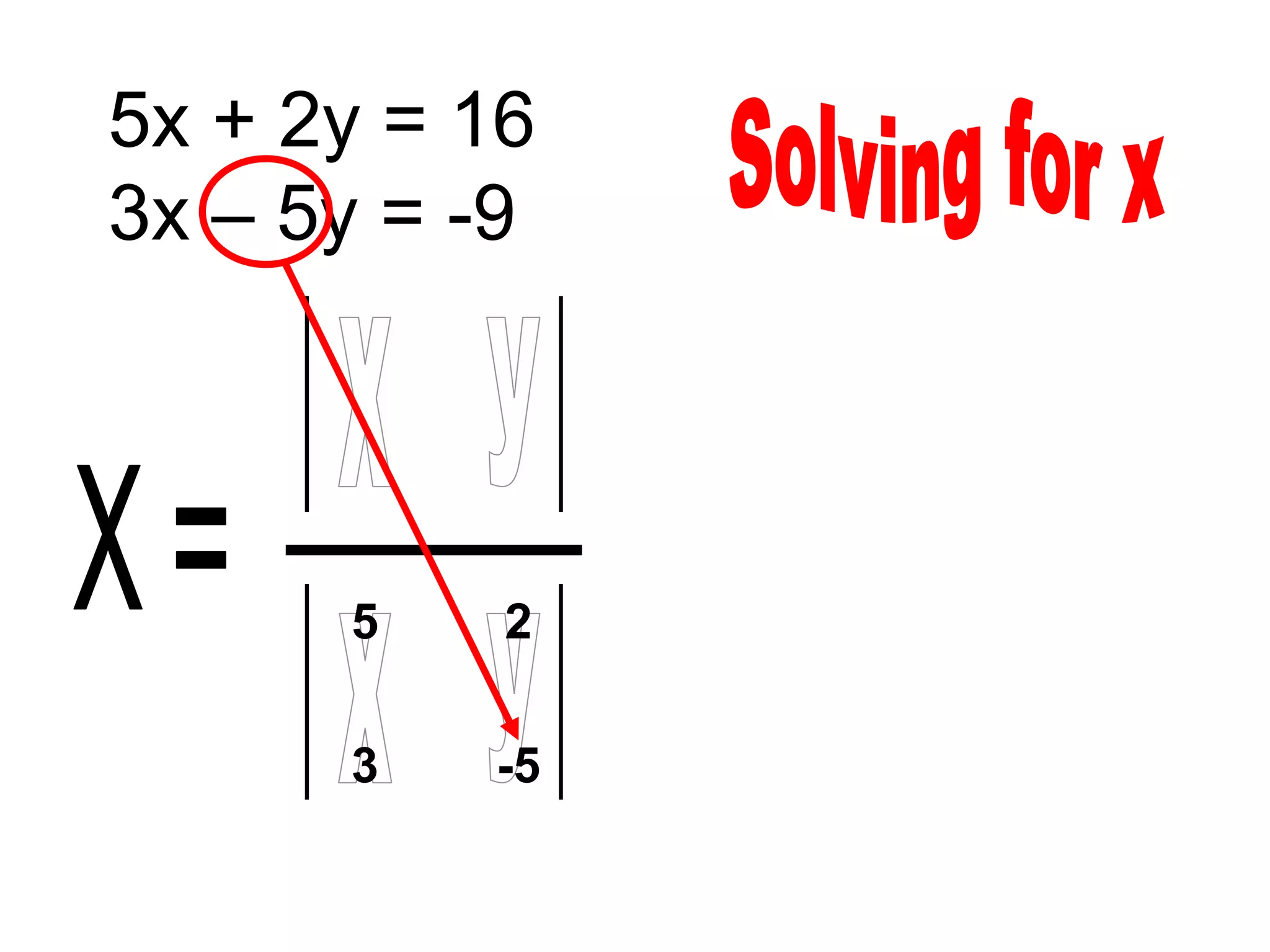 5x + 2y = 16
3x – 5y = -9
      16   2

      -9   -5

       5   2

       3   -5
 