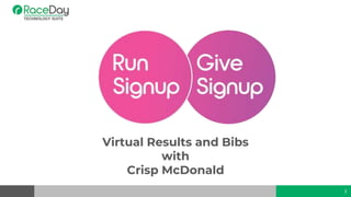 1
Virtual Results and Bibs
with
Crisp McDonald
 