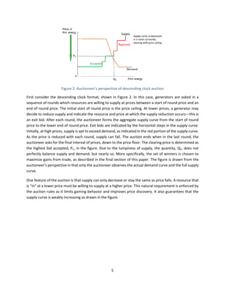 5
Figure 2: Auctioneer’s perspective of descending clock auction
First consider the descending clock format, shown in Figure 2. In this case, generators are asked in a
sequence of rounds which resources are willing to supply at prices between a start of round price and an
end of round price. The initial start of round price is the price ceiling. At lower prices, a generator may
decide to reduce supply and indicate the resource and price at which the supply reduction occurs—this is
an exit bid. After each round, the auctioneer forms the aggregate supply curve from the start of round
price to the lower end of round price. Exit bids are indicated by the horizontal steps in the supply curve.
Initially, at high prices, supply is apt to exceed demand, as indicated in the red portion of the supply curve.
As the price is reduced with each round, supply can fall. The auction ends when in the last round, the
auctioneer asks for the final interval of prices, down to the price floor. The clearing price is determined as
the highest bid accepted, PC, in the figure. Due to the lumpiness of supply, the quantity, QC, does not
perfectly balance supply and demand, but nearly so. More specifically, the set of winners is chosen to
maximize gains from trade, as described in the final section of this paper. The figure is drawn from the
auctioneer’s perspective in that only the auctioneer observes the actual demand curve and the full supply
curve.
One feature of the auction is that supply can only decrease or stay the same as price falls. A resource that
is “in” at a lower price must be willing to supply at a higher price. This natural requirement is enforced by
the auction rules as it limits gaming behavior and improves price discovery. It also guarantees that the
supply curve is weakly increasing as drawn in the figure.
 