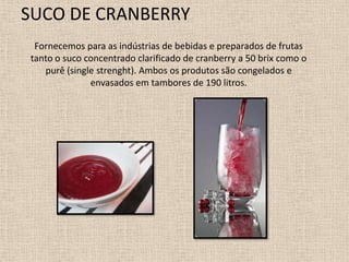SUCO DE CRANBERRY
 Fornecemos para as indústrias de bebidas e preparados de frutas
tanto o suco concentrado clarificado de cranberry a 50 brix como o
   purê (single strenght). Ambos os produtos são congelados e
              envasados em tambores de 190 litros.
 