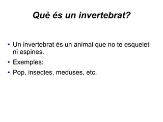 Què és un invertebrat?
● Un invertebrat és un animal que no te esquelet
ni espines.
● Exemples:
● Pop, insectes, meduses, etc.
 