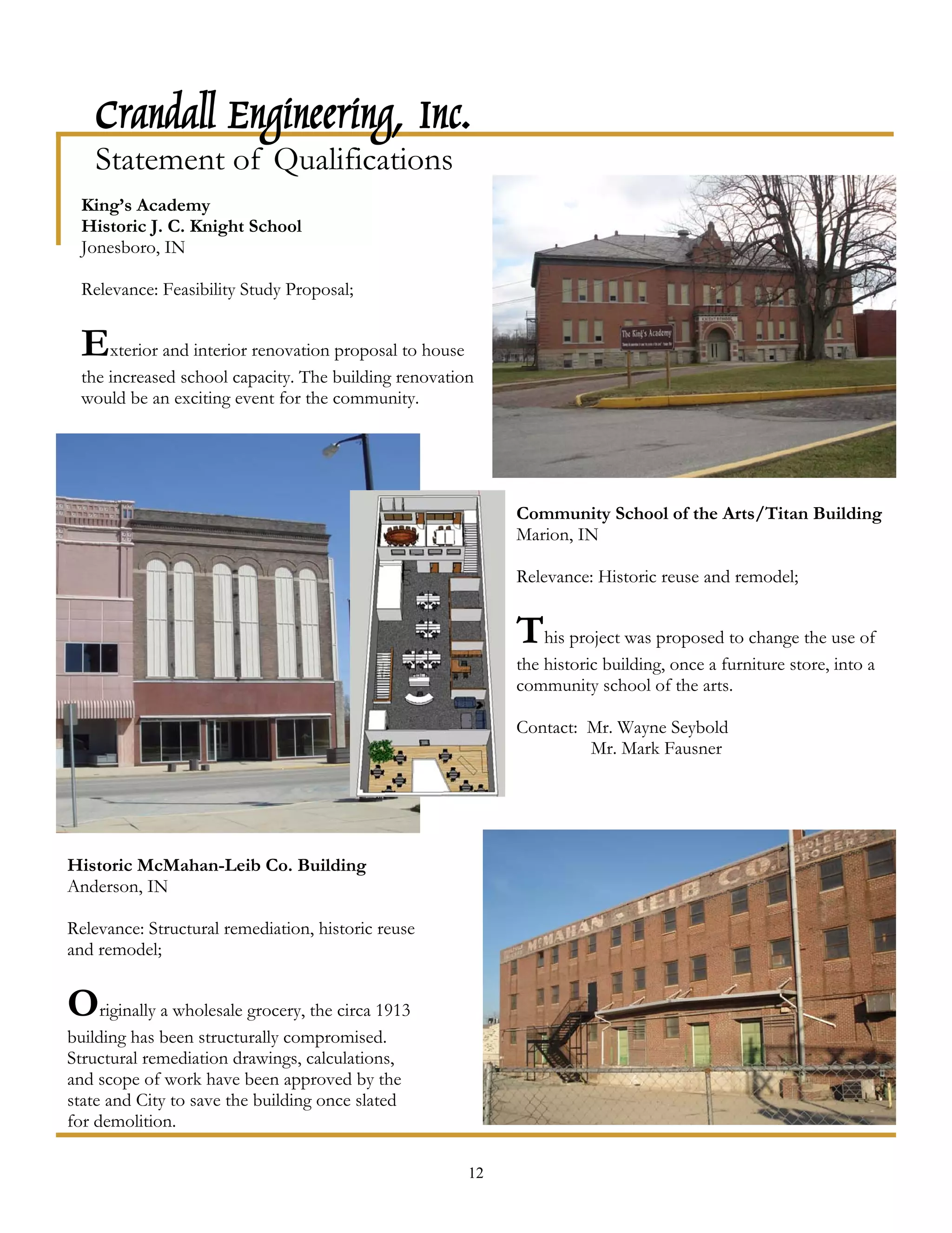 Crandall Engineering, Inc.
   Statement of Qualifications
 King’s Academy
 Historic J. C. Knight School
 Jonesboro, IN

 Relevance: Feasibility Study Proposal;


 Exterior and interior renovation proposal to house
 the increased school capacity. The building renovation
 would be an exciting event for the community.




                                                           Community School of the Arts/Titan Building
                                                           Marion, IN

                                                           Relevance: Historic reuse and remodel;


                                                           This project was proposed to change the use of
                                                           the historic building, once a furniture store, into a
                                                           community school of the arts.

                                                           Contact: Mr. Wayne Seybold
                                                                    Mr. Mark Fausner




Historic McMahan-Leib Co. Building
Anderson, IN

Relevance: Structural remediation, historic reuse
and remodel;


Originally a wholesale grocery, the circa 1913
building has been structurally compromised.
Structural remediation drawings, calculations,
and scope of work have been approved by the
state and City to save the building once slated
for demolition.

                                                      12
 