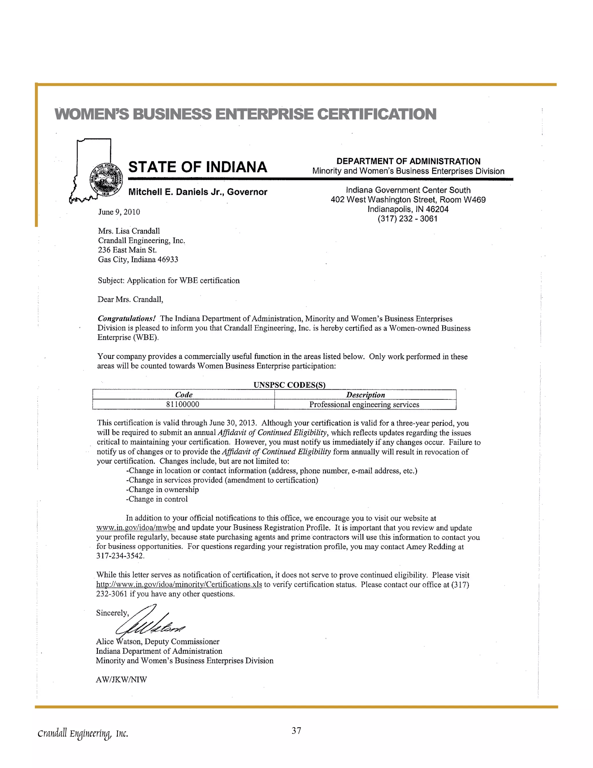 WOMEN’S BUSINESS ENTERPRISE CERTIFICATION




Crandall Engineering, Inc.   37
 