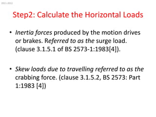 2011-2012

Step2: Calculate the Horizontal Loads
• Inertia forces produced by the motion drives
or brakes. Referred to as the surge load.
(clause 3.1.5.1 of BS 2573-1:1983[4]).
• Skew loads due to travelling referred to as the
crabbing force. (clause 3.1.5.2, BS 2573: Part
1:1983 [4])

 