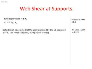 2011-2012

Web Shear at Supports
BS 5950-1-2000
4.8.3

Note: It is ok to assume that the sear is resisted by the UB section =>
Av = tD (for rolled I-sections, load parallel to web)

BS 5950-1-2000
4.8.3 (a)

 