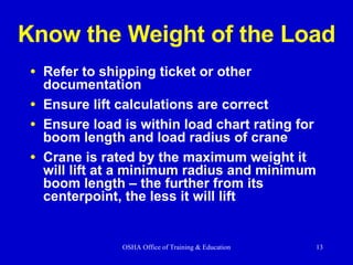 Know the Weight of the Load Refer to shipping ticket or other documentation Ensure lift calculations are correct Ensure load is within load chart rating for boom length and load radius of crane Crane is rated by the maximum weight it will lift at a minimum radius and minimum boom length – the further from its centerpoint, the less it will lift 