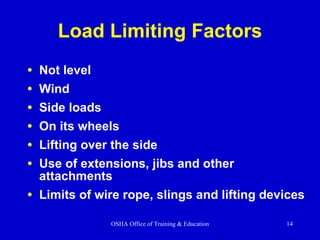 Load Limiting Factors Not level  Wind Side loads On its wheels Lifting over the side Use of extensions, jibs and other attachments Limits of wire rope, slings and lifting devices 