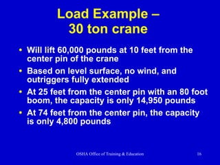 Load Example –  30 ton crane  Will lift 60,000 pounds at 10 feet from the center pin of the crane Based on level surface, no wind, and outriggers fully extended At 25 feet from the center pin with an 80 foot boom, the capacity is only 14,950 pounds At 74 feet from the center pin, the capacity is only 4,800 pounds 