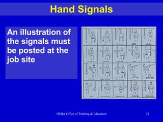 An illustration of the signals must be posted at the job site Hand Signals 