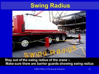 Swing Radius Swing Radius Stay out of the swing radius of the crane –  Make sure there are barrier guards showing swing radius 