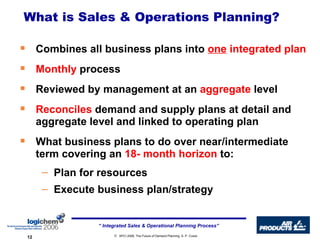 What is Sales & Operations Planning? Combines all business plans into  one  integrated plan Monthly  process Reviewed by management at an  aggregate  level Reconciles  demand and supply plans at detail and aggregate level and linked to operating plan What business plans to do over near/intermediate term covering an  18- month horizon  to: Plan for resources Execute business plan/strategy  