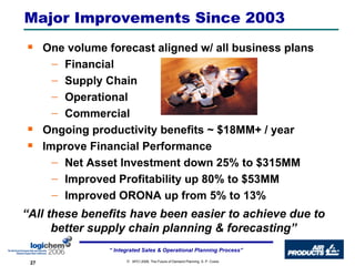 One volume forecast aligned w/ all business plans Financial Supply Chain Operational Commercial Ongoing productivity benefits ~ $18MM+ / year  Improve Financial Performance Net Asset Investment down 25% to $315MM Improved Profitability up 80% to $53MM Improved ORONA up from 5% to 13% Major Improvements Since 2003 “ All these benefits have been easier to achieve due to better supply chain planning & forecasting” 