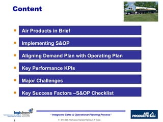 Content Air Products in Brief Implementing S&OP  Aligning Demand Plan with Operating Plan Key Performance KPIs Major Challenges Key Success Factors –S&OP Checklist 