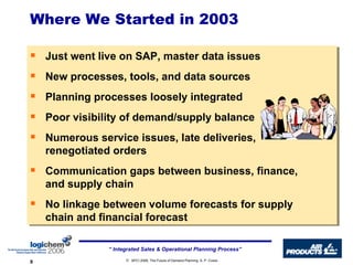 Where We Started in 2003 Just went live on SAP, master data issues New processes, tools, and data sources Planning processes loosely integrated Poor visibility of demand/supply balance Numerous service issues, late deliveries, renegotiated orders Communication gaps between business, finance, and supply chain  No linkage between volume forecasts for supply chain and financial forecast 