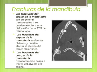 Fracturas de la mandíbula
 Las fracturas del
cuello de la mandibula
son en general
transversales y se
pueden asociar a una
dislocaci6n de la ATM del
mismo lado.
 Las fracturas del
angulo de la
mandibula suelen ser
oblicuas y pueden
afectar el alveolo del
tercer molar linea.
 Las fracturas del
cuerpo de la
mandibula
frecuentemente pasan a
traves del alveolo del
canino .
 