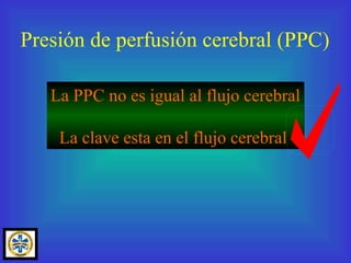 Presión de perfusión cerebral (PPC) La PPC no es igual al flujo cerebral La clave esta en el flujo cerebral 