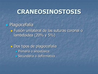 CRANEOSINOSTOSIS

   Plagiocefalia
       Fusión unilateral de las suturas coronal o
        lambdoidea (20% y 5%)

       Dos tipos de plagiocefalia
          Primaria o sinostósica
          Secundaria o deformativa
 