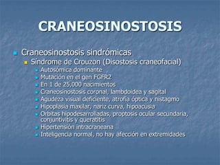 CRANEOSINOSTOSIS
   Craneosinostosis sindrómicas
       Síndrome de Crouzon (Disostosis craneofacial)
            Autosómica dominante
            Mutación en el gen FGFR2
            En 1 de 25,000 nacimientos
            Craneosinostosis coronal, lambdoidea y sagital
            Agudeza visual deficiente, atrofia óptica y nistagmo
            Hipoplasia maxilar, nariz curva, hipoacusia
            Orbitas hipodesarrolladas, proptosis ocular secundaria,
             conjuntivitis y queratitis
            Hipertensión intracraneana
            Inteligencia normal, no hay afección en extremidades
 