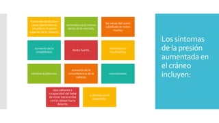 Los síntomas
de la presión
aumentada en
el cráneo
incluyen:
fontanela abultada o
tensa (parte blanda
situada en la parte
superior de la cabeza);
somnolencia (o menos
alerta de lo normal);
las venas del cuero
cabelludo se notan
mucho;
aumento de la
irritabilidad;
llanto fuerte;
alimentación
insuficiente;
vómitos explosivos;
aumento de la
circunferencia de la
cabeza;
convulsiones;
ojos saltones e
incapacidad del bebé
de mirar hacia arriba
con la cabeza hacia
delante;
y retrasos en el
desarrollo.
 