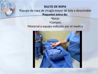 BULTO DE ROPA
•Equipo de ropa de cirugía mayor de tela o desechable
Paquetes extra de:
•Batas
•Campos
•Material o equipo indicado por el medico
 