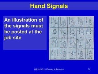 OSHAOffice of Training & Education 20
An illustration of
the signals must
be posted at the
job site
Hand Signals
 