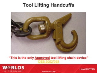 Tool Lifting Handcuffs




“This is the only Approved tool lifting chain device”
                   OEB 2002/058

                      Internal Use Only
 