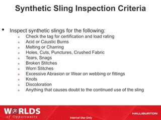 Synthetic Sling Inspection Criteria

•   Inspect synthetic slings for the following:
          Check the tag for certification and load rating
          Acid or Caustic Burns
          Melting or Charring
          Holes, Cuts, Punctures, Crushed Fabric
          Tears, Snags
          Broken Stitches
          Worn Stitches
          Excessive Abrasion or Wear on webbing or fittings
          Knots
          Discoloration
          Anything that causes doubt to the continued use of the sling




                                 Internal Use Only
 