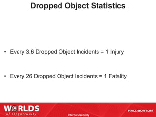 Dropped Object Statistics




• Every 3.6 Dropped Object Incidents = 1 Injury



• Every 26 Dropped Object Incidents = 1 Fatality




                        Internal Use Only
 