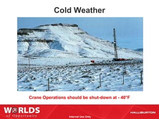 Cold Weather




Crane Operations should be shut-down at - 40°F



                  Internal Use Only
 