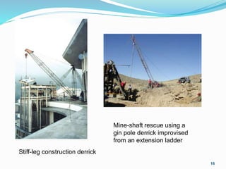 16
Stiff-leg construction derrick
Mine-shaft rescue using a
gin pole derrick improvised
from an extension ladder
 