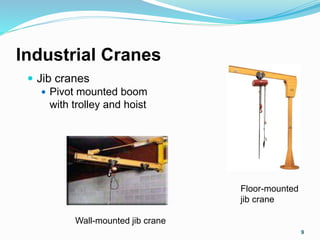 Industrial Cranes
 Jib cranes
 Pivot mounted boom
with trolley and hoist
9
Wall-mounted jib crane
Floor-mounted
jib crane
 